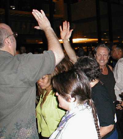 Stephen and David give each other a high-five.